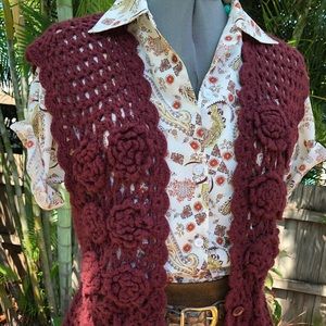 Burgundy crocheted rosettes vest